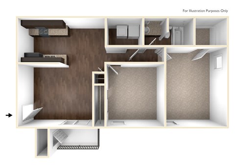 Floor plan for 2 beds, 1 bath, 1005 sqft